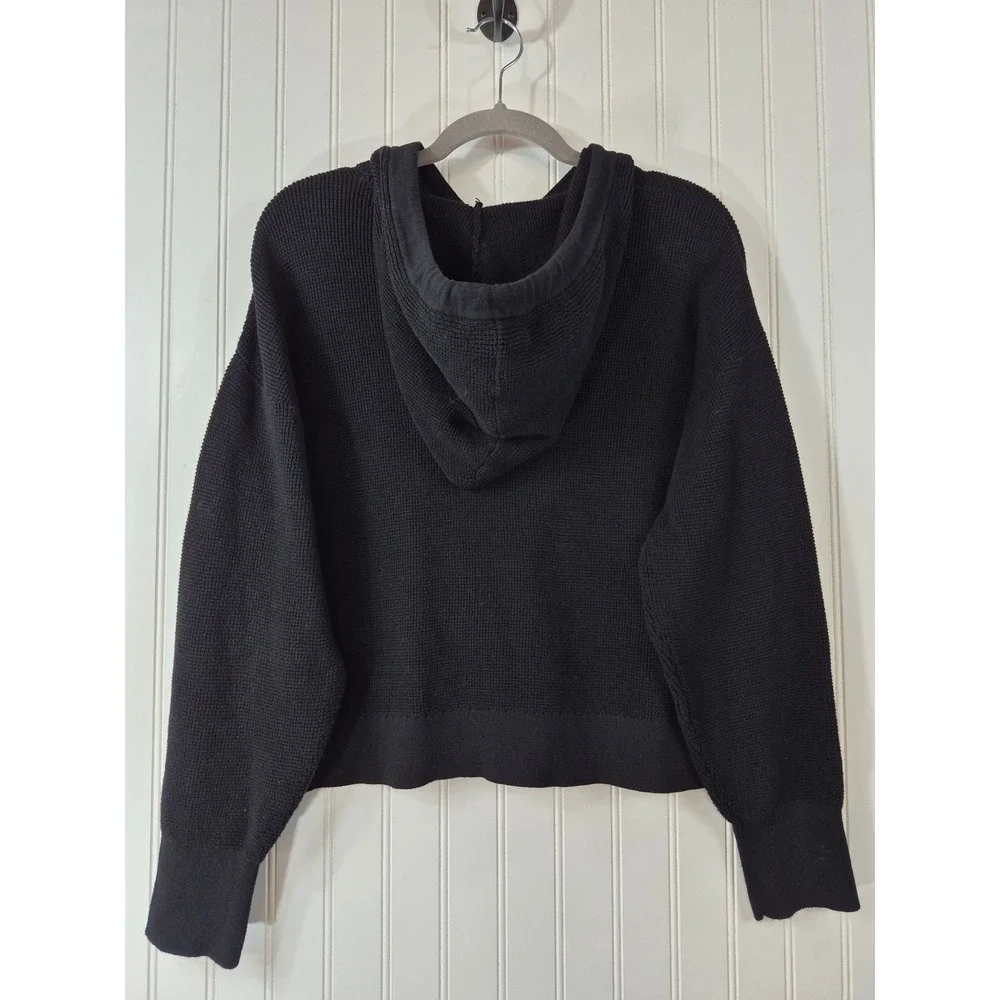 Michael Kors Black Waffle Knit Hoodie Gold Logo Pullover Cropped Sweater Medium
